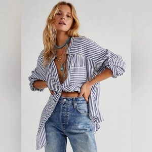 Free People- We The Free Navy and White Striped Button Down Shirt